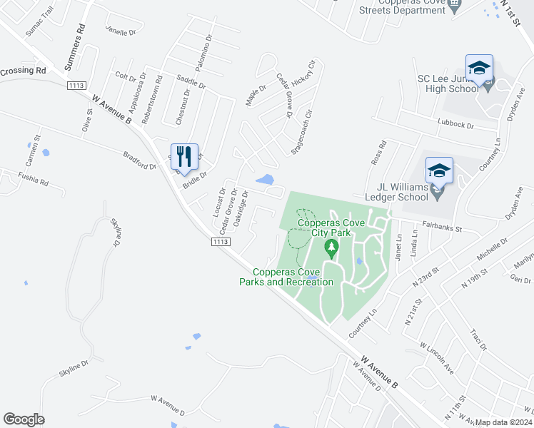 map of restaurants, bars, coffee shops, grocery stores, and more near 502 Northern Dove Lane in Copperas Cove