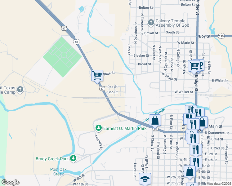 map of restaurants, bars, coffee shops, grocery stores, and more near 604 Junio Street in Brady