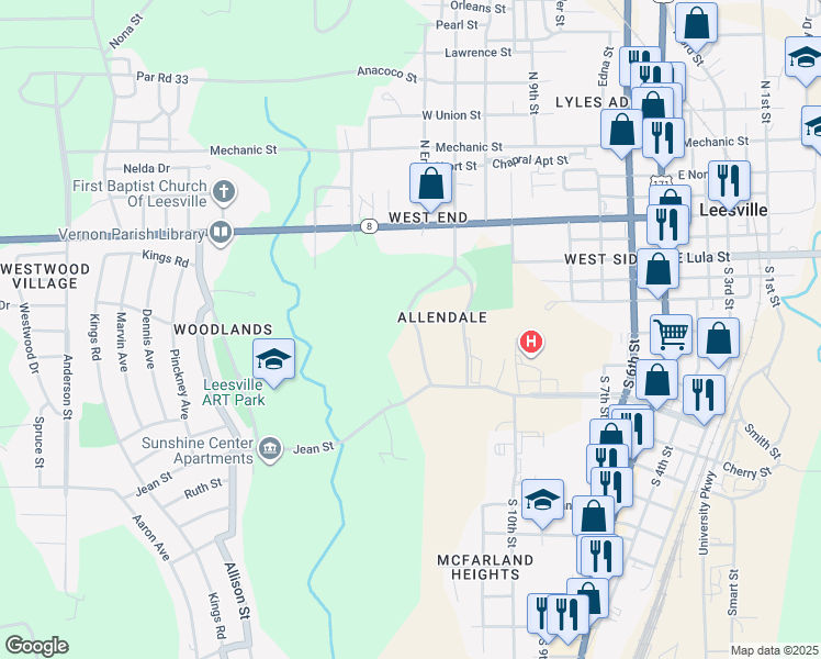 map of restaurants, bars, coffee shops, grocery stores, and more near 1237 Port Arthur Terrace in Leesville