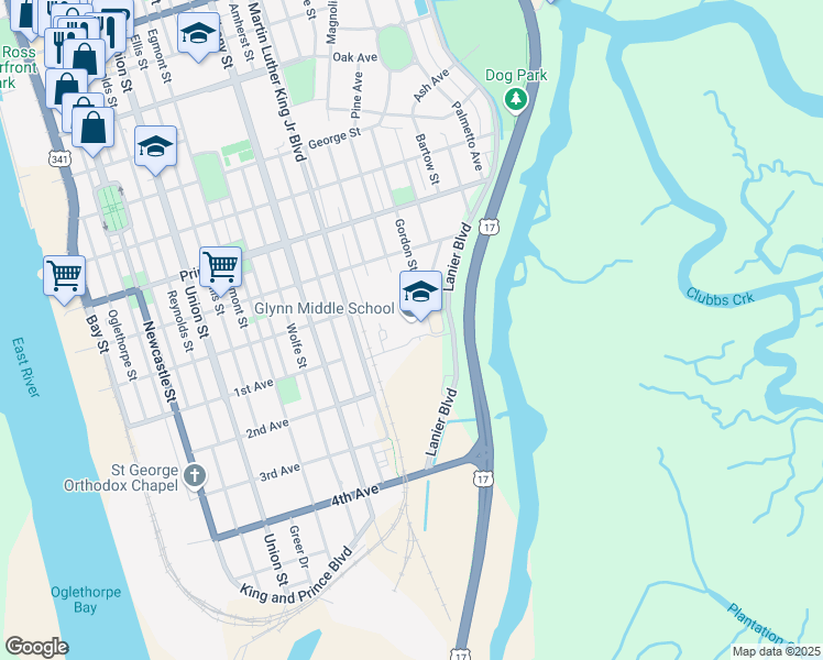 map of restaurants, bars, coffee shops, grocery stores, and more near 635 Lanier Boulevard in Brunswick
