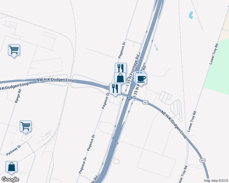 map of restaurants, bars, coffee shops, grocery stores, and more near 12300 Northwest H K Dodgen Loop in Temple