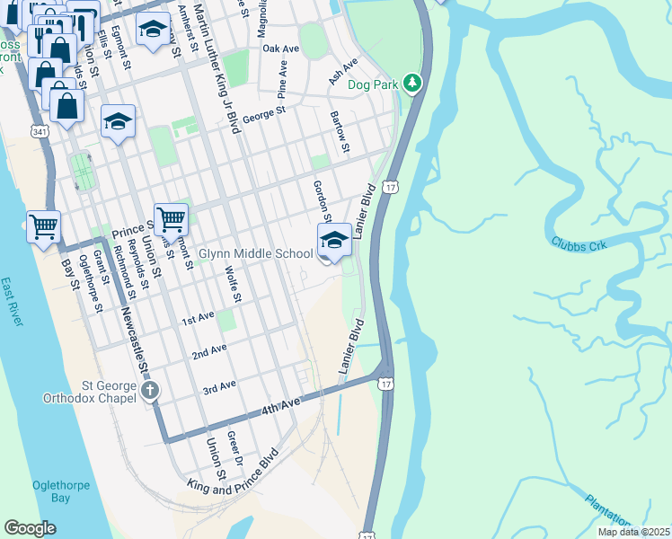 map of restaurants, bars, coffee shops, grocery stores, and more near 635 Lanier Boulevard in Brunswick