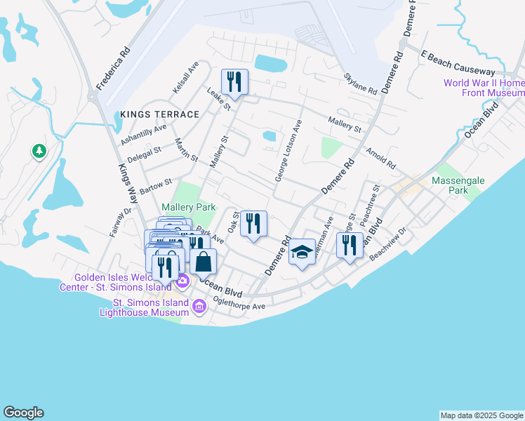 map of restaurants, bars, coffee shops, grocery stores, and more near 607 North Harbour Oaks Drive in St. Simons Island