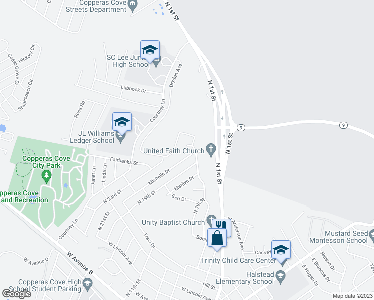 map of restaurants, bars, coffee shops, grocery stores, and more near 812 Kelly Circle in Copperas Cove