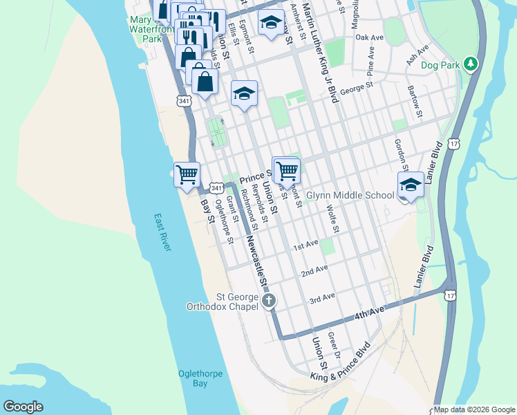map of restaurants, bars, coffee shops, grocery stores, and more near 601 Albemarle Street in Brunswick