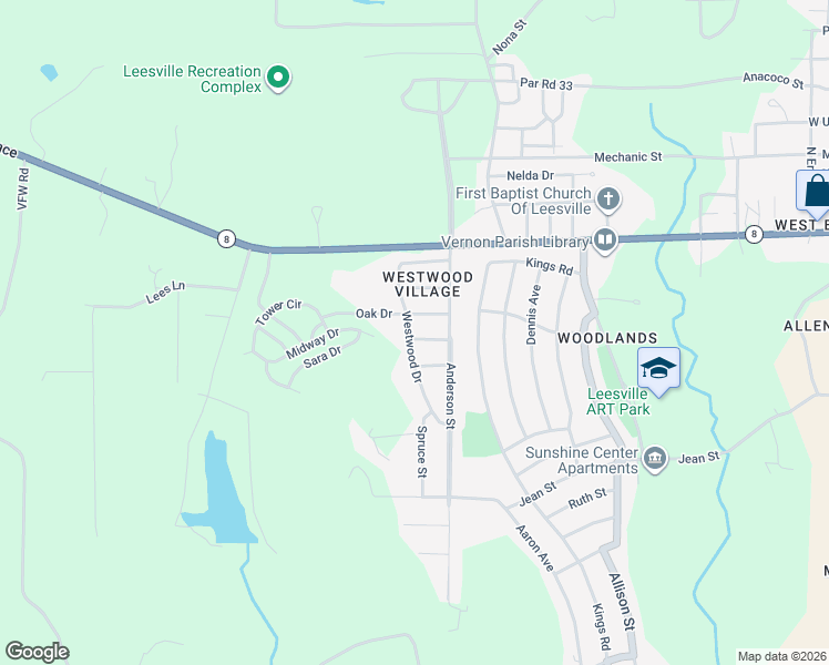 map of restaurants, bars, coffee shops, grocery stores, and more near 1307 Oak Drive in Leesville