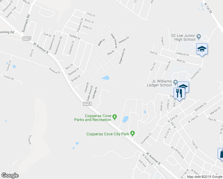 map of restaurants, bars, coffee shops, grocery stores, and more near 405 Northern Dove Lane in Copperas Cove