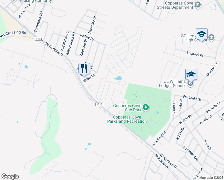 map of restaurants, bars, coffee shops, grocery stores, and more near 25 Oakridge Drive in Copperas Cove