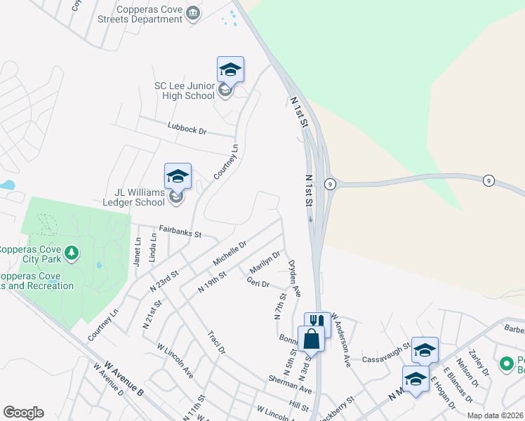 map of restaurants, bars, coffee shops, grocery stores, and more near 808 Kelly Circle in Copperas Cove