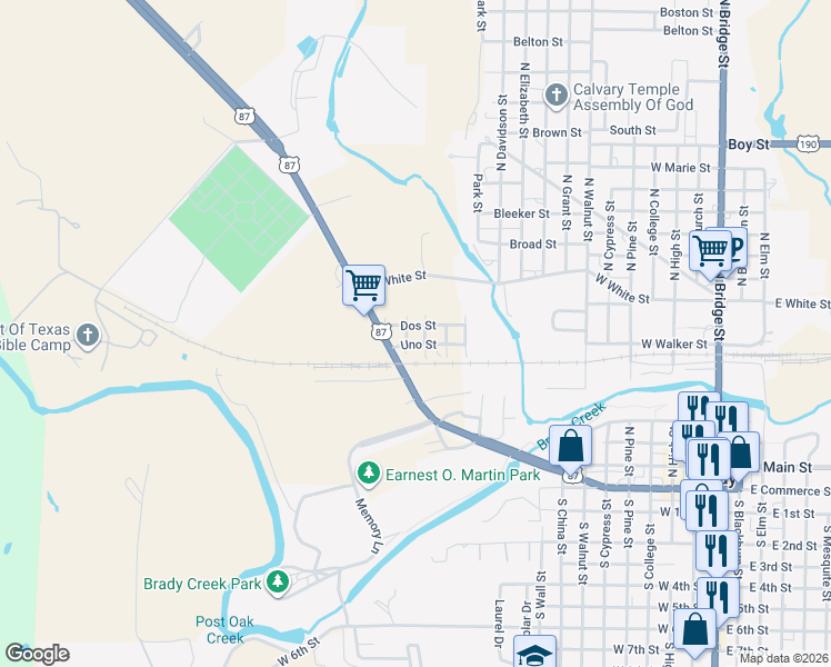 map of restaurants, bars, coffee shops, grocery stores, and more near 604 Junio Street in Brady