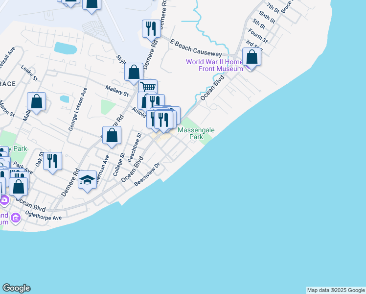 map of restaurants, bars, coffee shops, grocery stores, and more near 201 Arnold Road in St. Simons Island