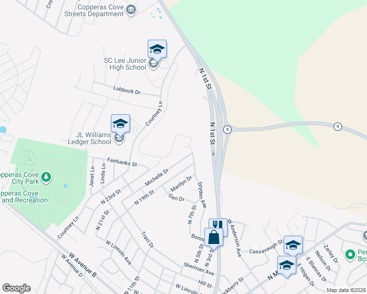 map of restaurants, bars, coffee shops, grocery stores, and more near 801 Kelly Circle in Copperas Cove