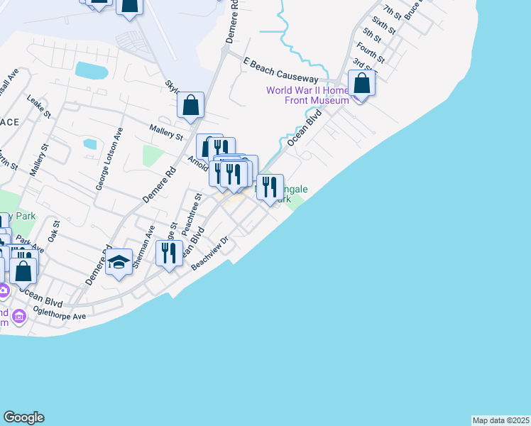 map of restaurants, bars, coffee shops, grocery stores, and more near 201 Arnold Road in St. Simons Island