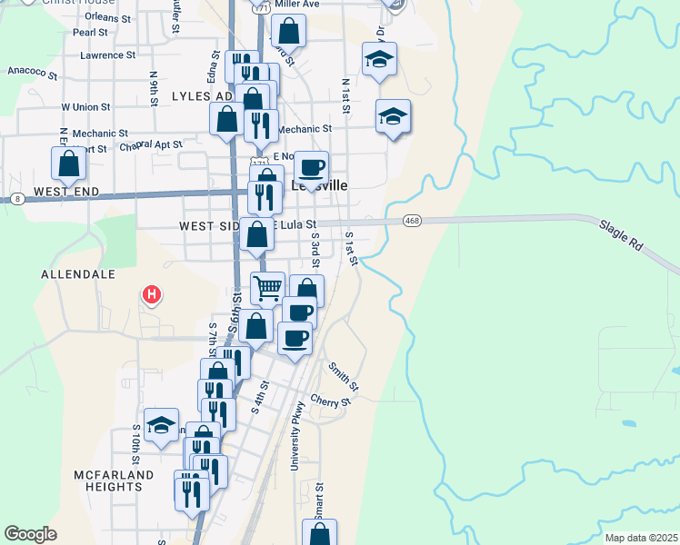 map of restaurants, bars, coffee shops, grocery stores, and more near in Leesville