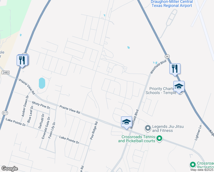 map of restaurants, bars, coffee shops, grocery stores, and more near 2375 North Pea Ridge Road in Temple
