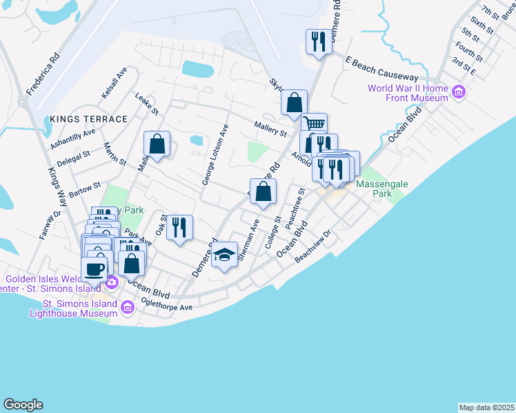 map of restaurants, bars, coffee shops, grocery stores, and more near 1105 Sherman Avenue in St. Simons Island