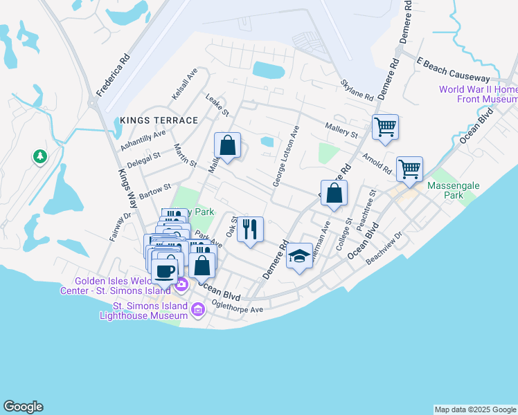 map of restaurants, bars, coffee shops, grocery stores, and more near 607 North Harbour Oaks Drive in St. Simons Island