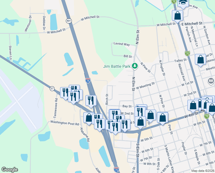 map of restaurants, bars, coffee shops, grocery stores, and more near 417 Wildwood Drive in Adel