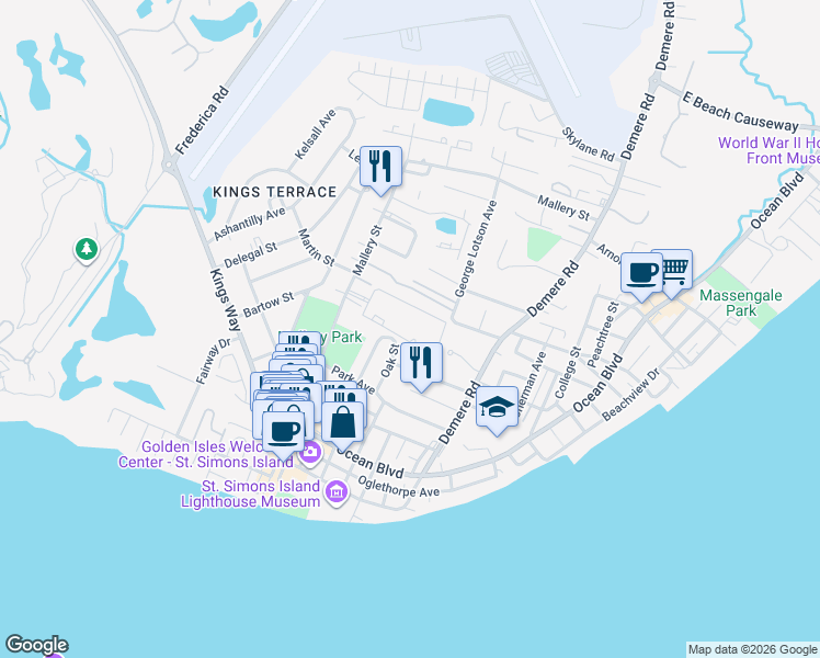 map of restaurants, bars, coffee shops, grocery stores, and more near 301 South Harbour Oaks Drive in St. Simons Island