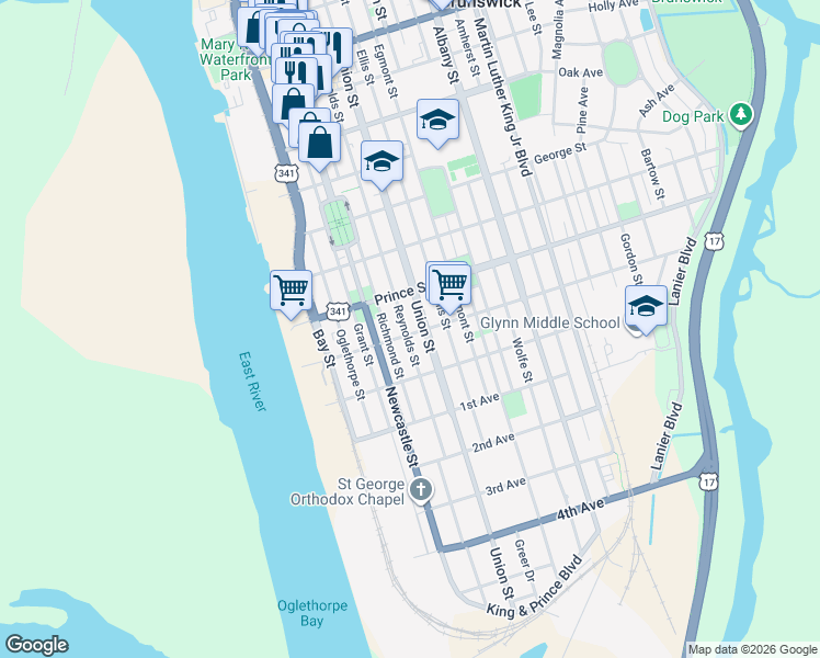 map of restaurants, bars, coffee shops, grocery stores, and more near 601 Albemarle Street in Brunswick