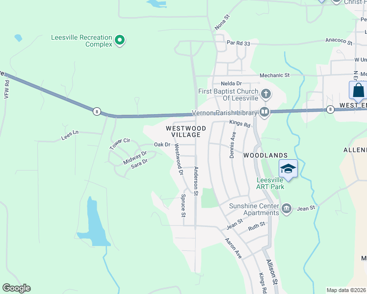 map of restaurants, bars, coffee shops, grocery stores, and more near 1307 Oak Drive in Leesville