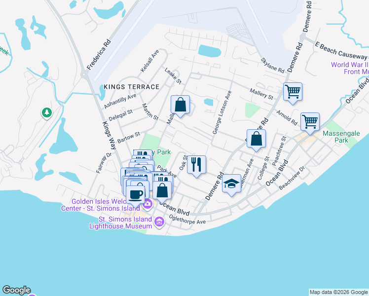 map of restaurants, bars, coffee shops, grocery stores, and more near 301 South Harbour Oaks Drive in St. Simons Island