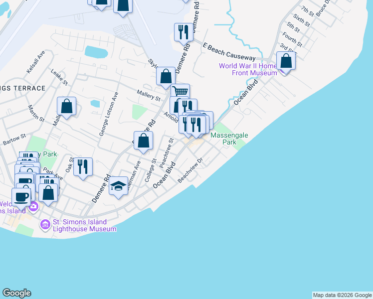map of restaurants, bars, coffee shops, grocery stores, and more near 1201 Forest Street in Saint Simons Island