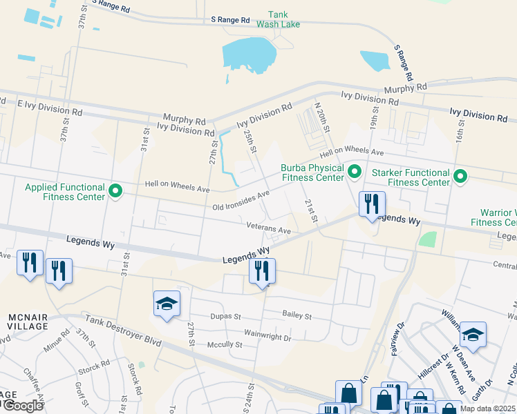 map of restaurants, bars, coffee shops, grocery stores, and more near 10037 Old Ironsides Avenue in Fort Hood