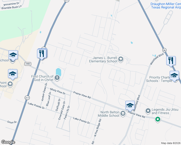 map of restaurants, bars, coffee shops, grocery stores, and more near 1900 North Pea Ridge Road in Temple