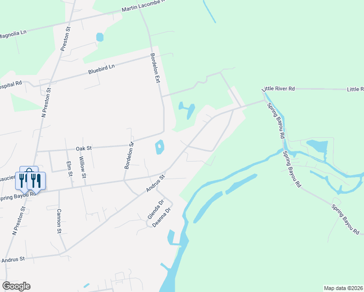 map of restaurants, bars, coffee shops, grocery stores, and more near 739 Spring Bayou Road in Marksville