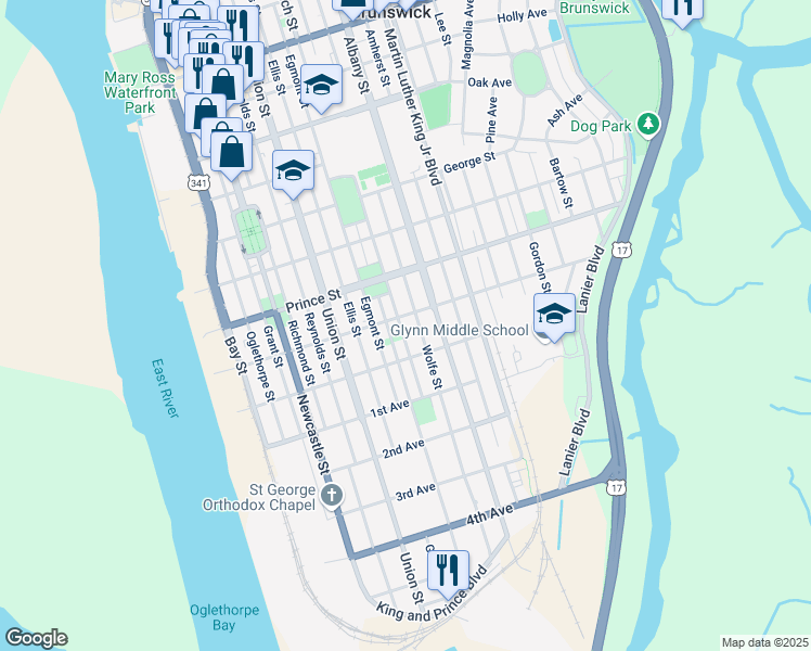 map of restaurants, bars, coffee shops, grocery stores, and more near 716 Norwich Street in Brunswick