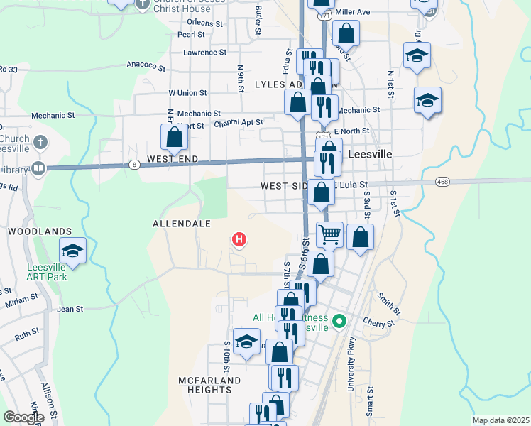 map of restaurants, bars, coffee shops, grocery stores, and more near 800 South 8th Street in Leesville