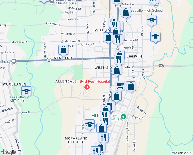 map of restaurants, bars, coffee shops, grocery stores, and more near 800 South 8th Street in Leesville