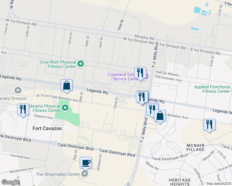 map of restaurants, bars, coffee shops, grocery stores, and more near Battalion Avenue in Fort Hood