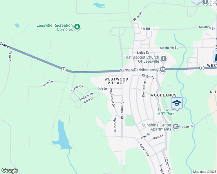 map of restaurants, bars, coffee shops, grocery stores, and more near 1319 Oak Drive in Leesville