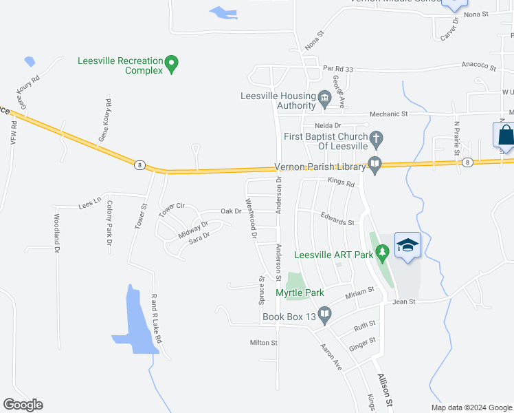 map of restaurants, bars, coffee shops, grocery stores, and more near 1310 Oak Drive in Leesville