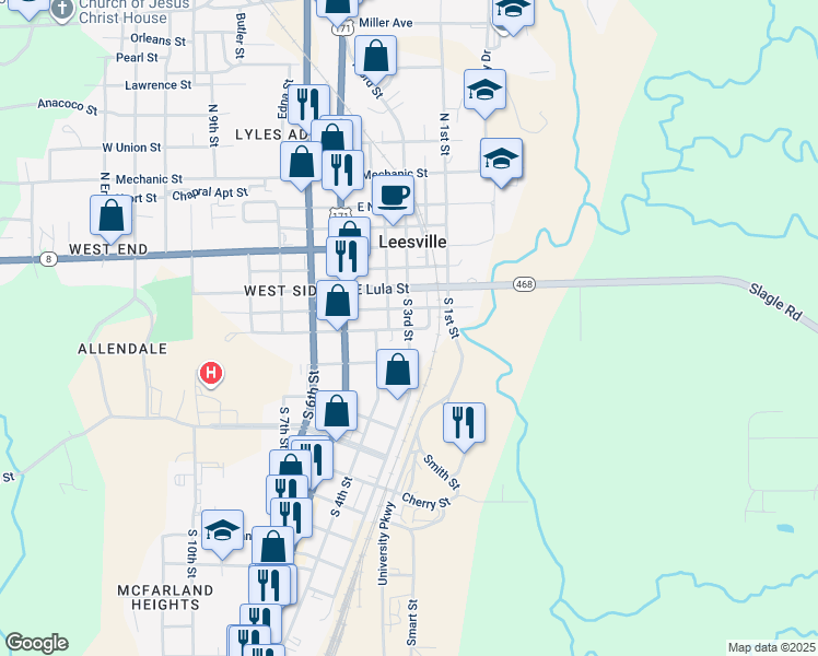 map of restaurants, bars, coffee shops, grocery stores, and more near 500 South 3rd Street in Leesville