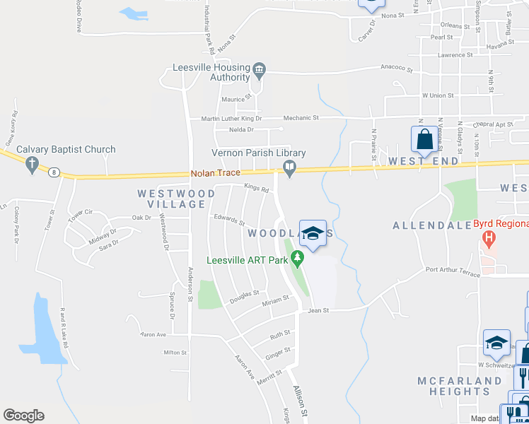 map of restaurants, bars, coffee shops, grocery stores, and more near 809 Pinckney Avenue in Leesville