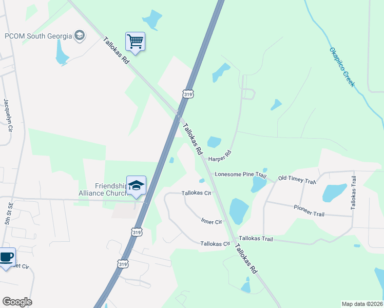 map of restaurants, bars, coffee shops, grocery stores, and more near 2424 Tallokas Road in Moultrie