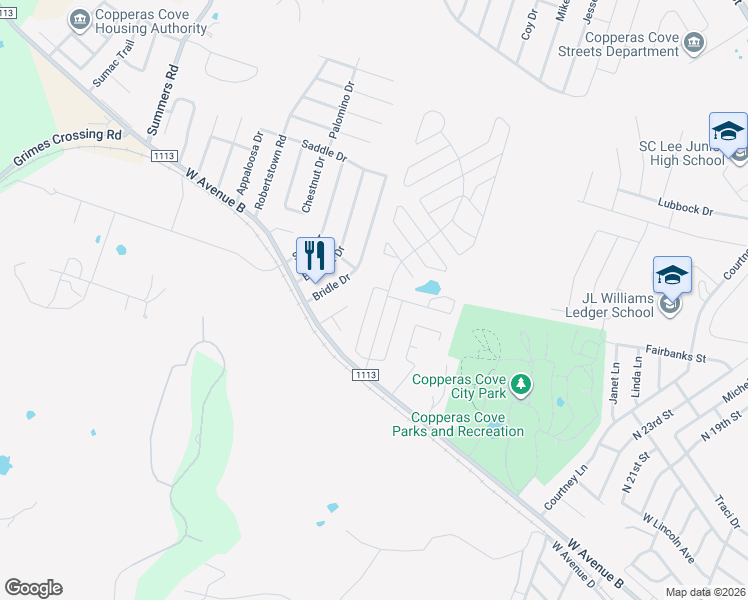 map of restaurants, bars, coffee shops, grocery stores, and more near 126 Bridle Drive in Copperas Cove