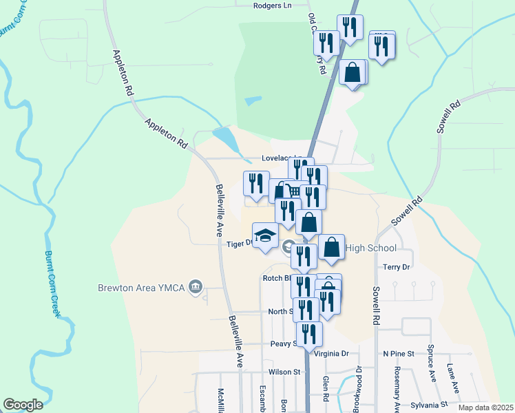 map of restaurants, bars, coffee shops, grocery stores, and more near 24 The Trail in Brewton