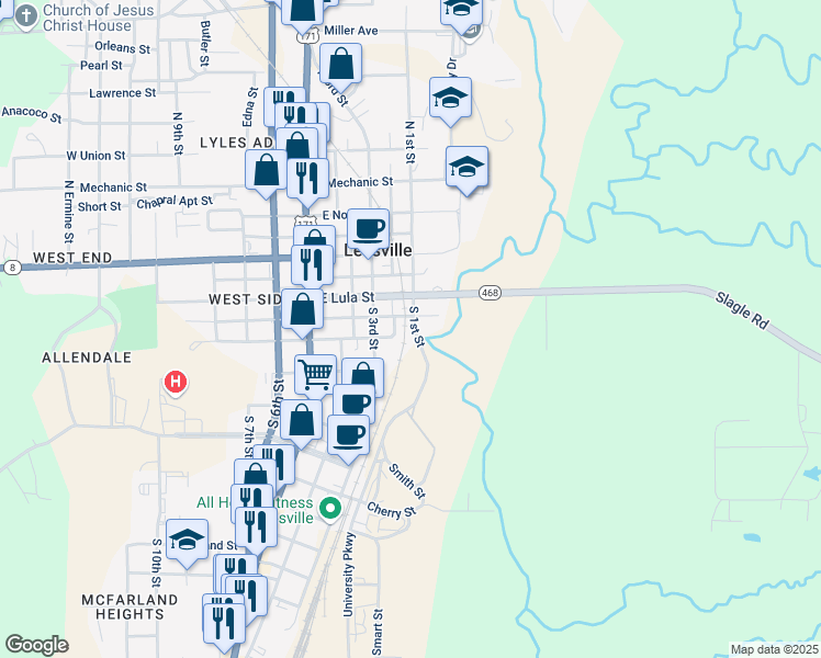 map of restaurants, bars, coffee shops, grocery stores, and more near 402 South 1st Street in Leesville