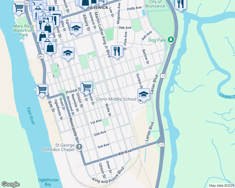 map of restaurants, bars, coffee shops, grocery stores, and more near 1412 Albemarle Street in Brunswick