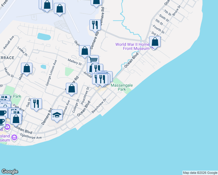 map of restaurants, bars, coffee shops, grocery stores, and more near 1315 Oak Street in St. Simons Island
