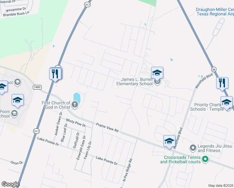 map of restaurants, bars, coffee shops, grocery stores, and more near 1930 North Pea Ridge Road in Temple