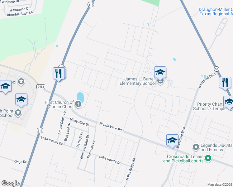map of restaurants, bars, coffee shops, grocery stores, and more near 1930 North Pea Ridge Road in Temple