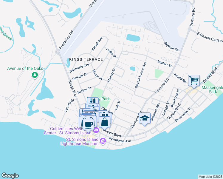 map of restaurants, bars, coffee shops, grocery stores, and more near 102 Palm Villas Court in St. Simons Island