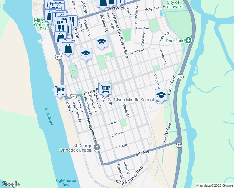 map of restaurants, bars, coffee shops, grocery stores, and more near 814 Carpenter Street in Brunswick