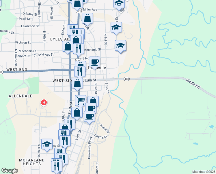 map of restaurants, bars, coffee shops, grocery stores, and more near 403 South 1st Street in Leesville