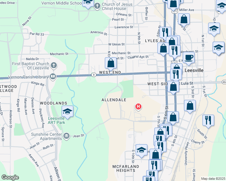 map of restaurants, bars, coffee shops, grocery stores, and more near 1237-1297 Port Arthur Terrace in Leesville